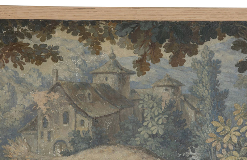 Beautiful, framed 18th century oil on canvas tapestry cartoon painting of a hound by a stone fountain in a country landscape