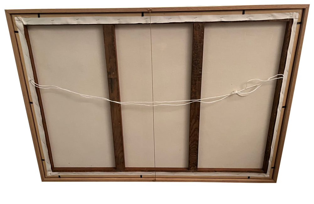 Beautiful, framed 18th century oil on canvas tapestry cartoon painting of a hound by a stone fountain in a country landscape