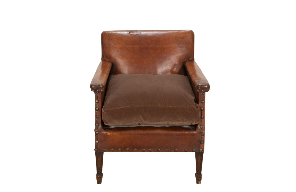 Antique chair French leather club chair studded with velvet feather filled seat cushion - 1920s - French Antique Furniture