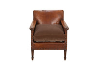 Antique chair French leather club chair studded with velvet feather filled seat cushion - 1920s - French Antique Furniture