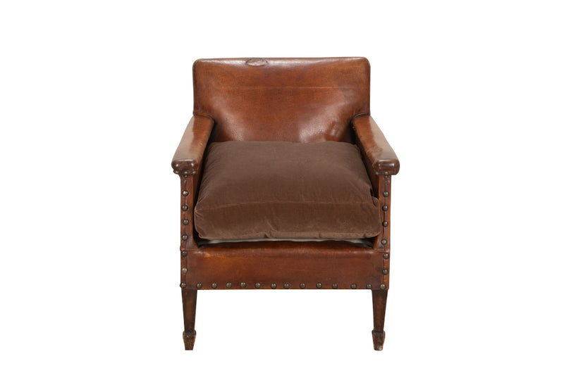 Antique chair French leather club chair studded with velvet feather filled seat cushion - 1920s - French Antique Furniture