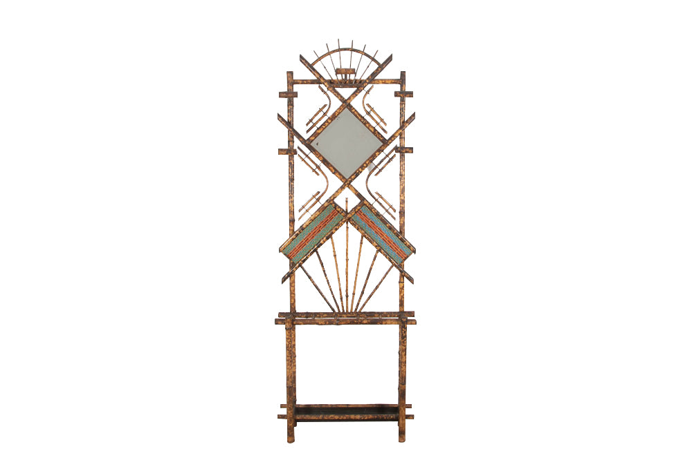 Antique French bamboo hall stand with beveled diamond shaped mirror and two coloured wicker panels - French antique Furniture