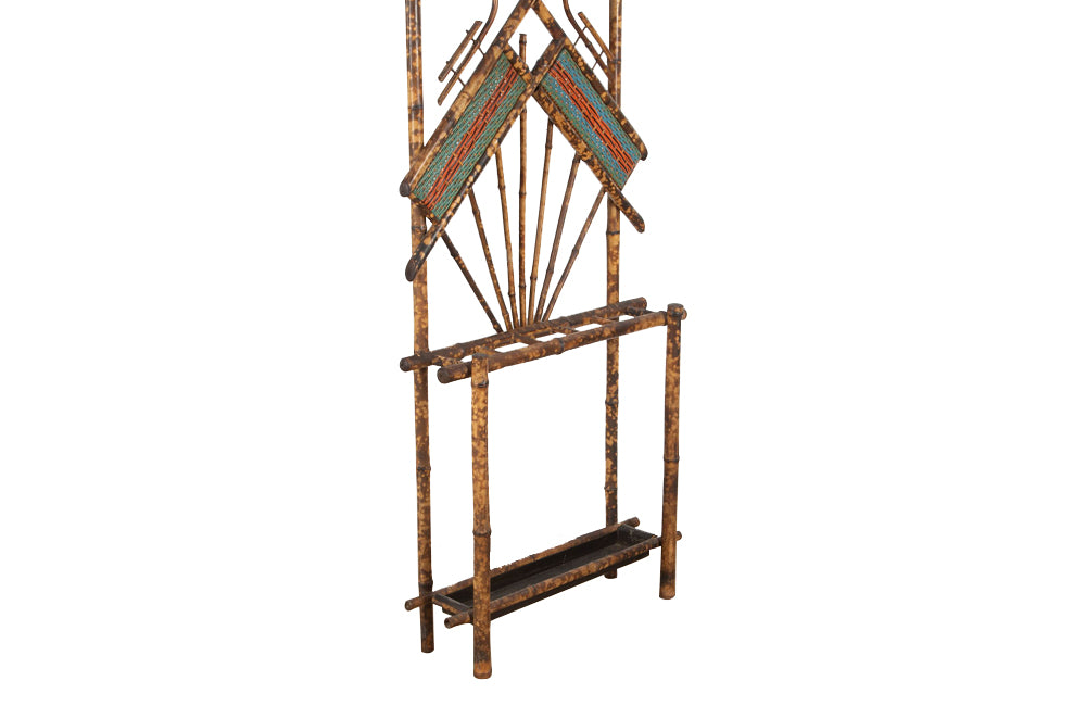 Antique French bamboo hall stand with beveled diamond shaped mirror and two coloured wicker panels - French antique Furniture