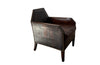 Antique club chair leather with embossed back featuring a putti and scrolled foliate decoration. France.