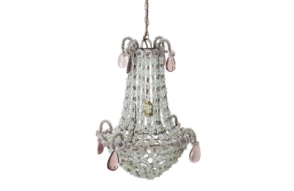 Charming 1930s French hanging light with crystal beads and amethyst glass drops. 