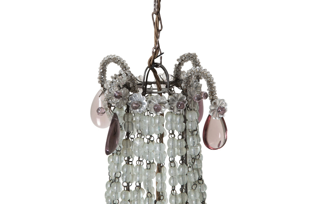 Charming 1930s French hanging light with crystal beads and amethyst glass drops. 
