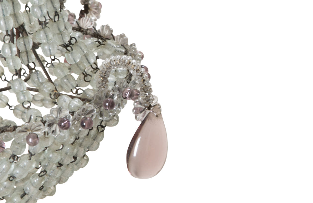 Charming 1930s French hanging light with crystal beads and amethyst glass drops. 