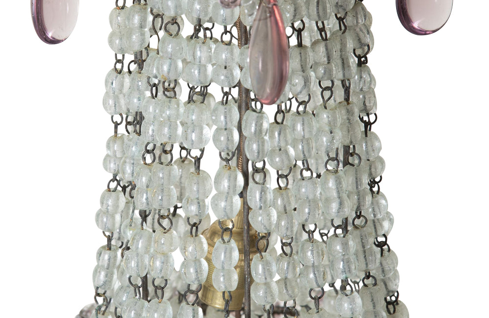 Charming 1930s French hanging light with crystal beads and amethyst glass drops. 