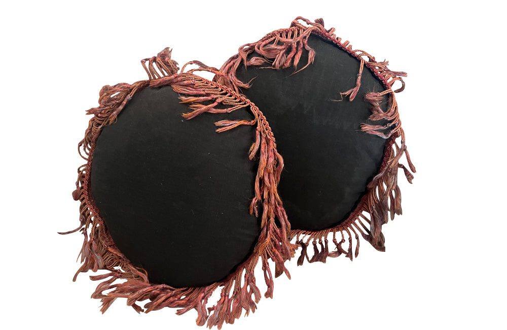 1930's round embroidered silk Italian cushions with tassle fringing