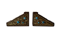 Pair of arts and crafts wood and brass repousee bookends decorated with turquoise blue cabochons.