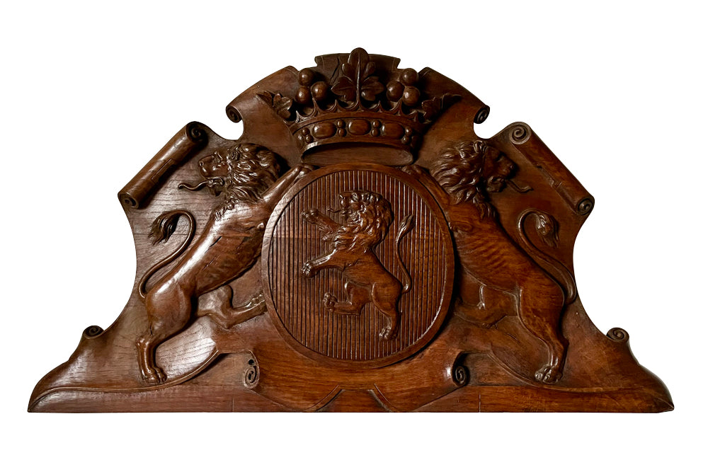 Beautifully hand carved 19th century heraldic oak panel or overdoor