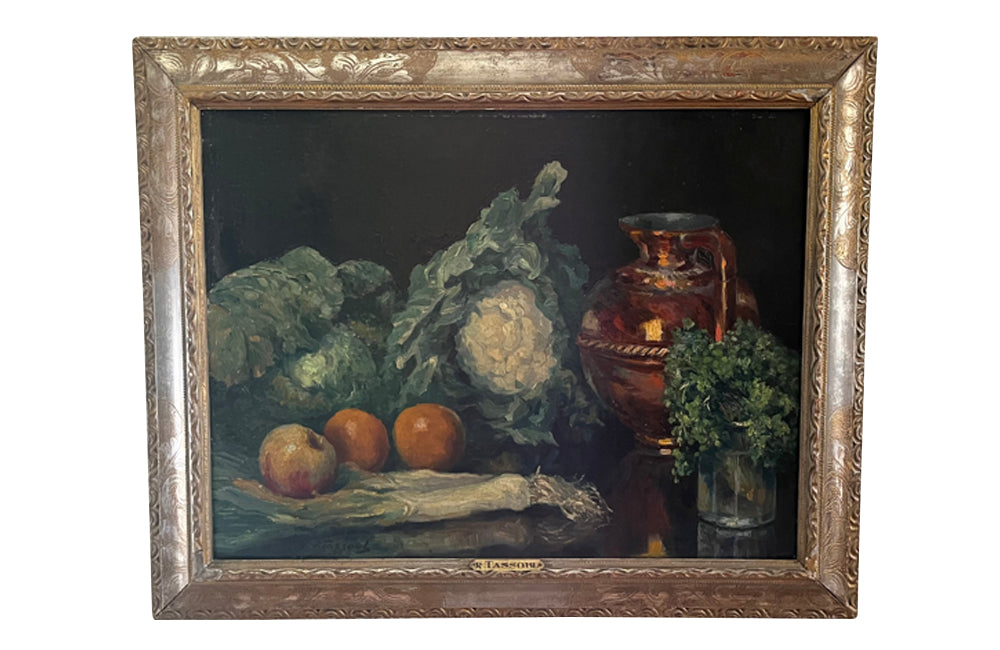 Framed still-life oil on canvas painting of vegetables, fruit, copper jug and glass jar signed by the artist
