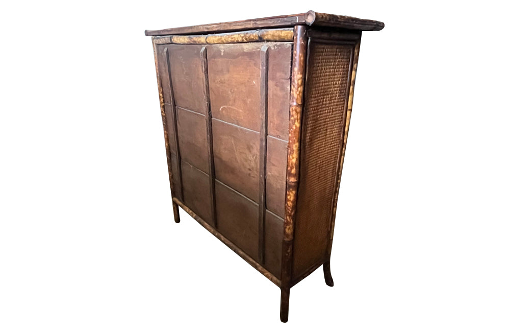 Antique bookcase made of bamboo and rattan with embossed leather top - French Antique Furniture