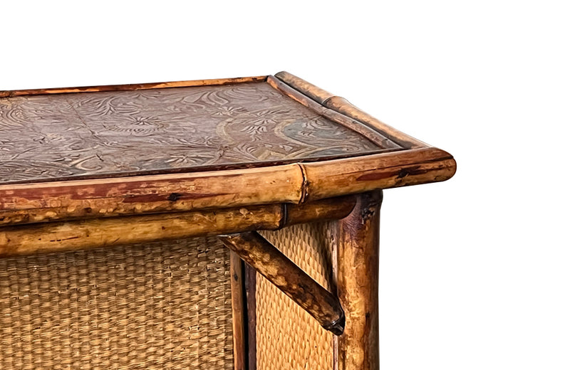 Antique bookcase made of bamboo and rattan with embossed leather top - French Antique Furniture