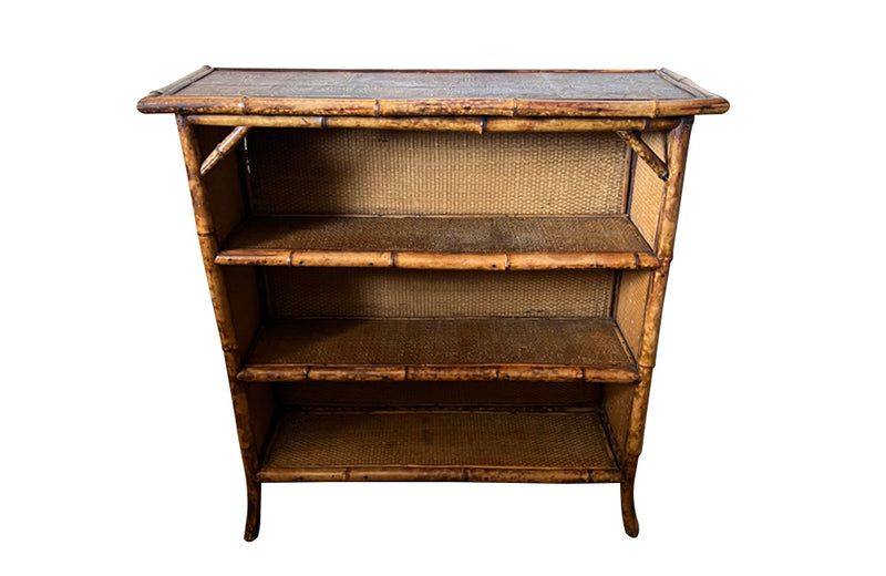 Antique bookcase made of bamboo and rattan with embossed leather top - French Antique Furniture