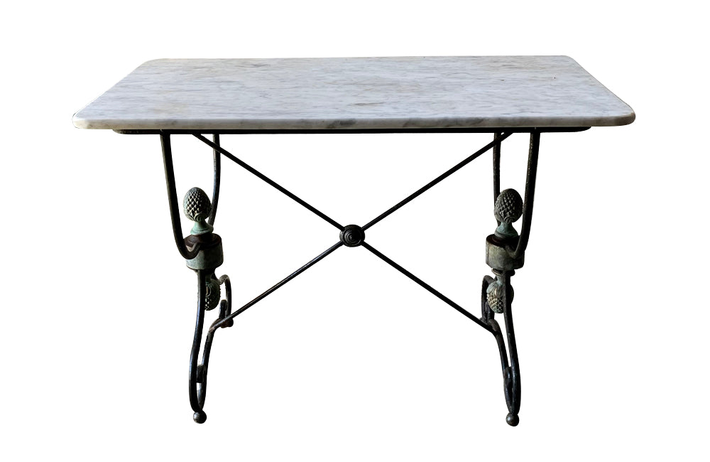 Antique table patisserie table with marble top with brass pine cone finials