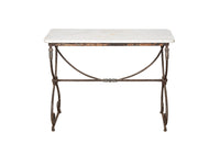 Beautiful 19th century French iron based table with lead medallions and ornamentation to arched stretcher and top of legs.