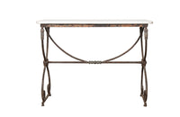 Beautiful 19th century French iron based table with lead medallions and ornamentation to arched stretcher and top of legs.