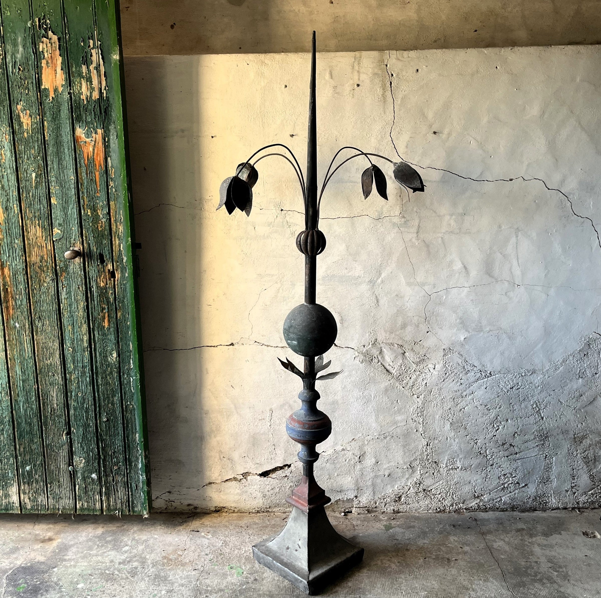 Beautiful, tall 19th century French decorative, polychromed zinc and iron roof finial