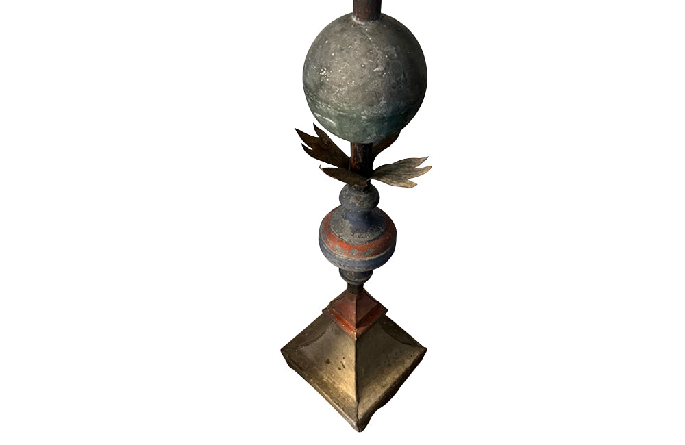 Beautiful, tall 19th century French decorative, polychromed zinc and iron roof finial