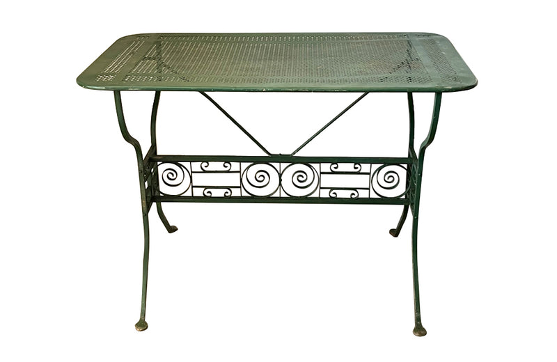 Late 19th Century iron garden table with pierced top and decorative cross stretcher with scroll iron work - French Garden Antiques - Antique Tables - AD & PS Antiques 