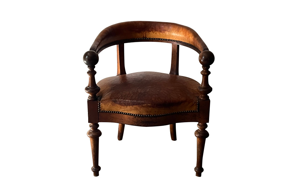 19th century  French, walnut desk chair with leather seat and back. Napoleon III.