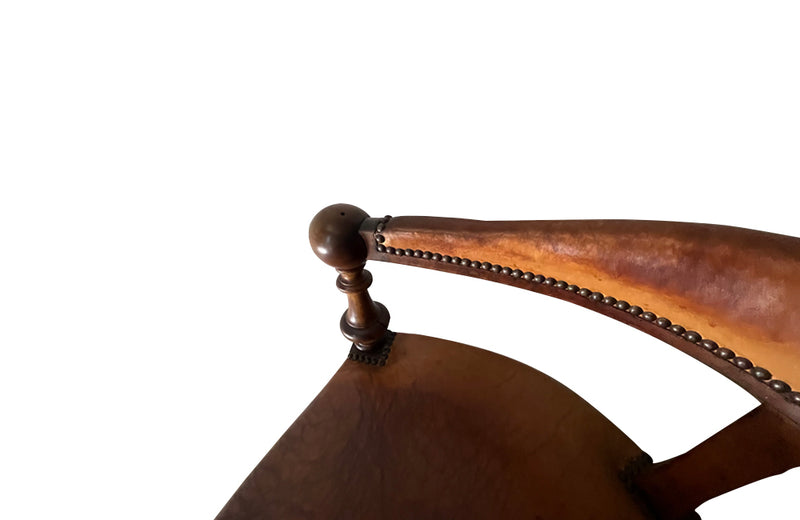 19th century French, walnut desk chair with leather seat and back. Napoleon III.