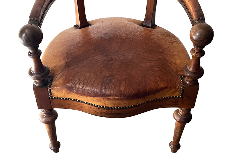 Antique Desk Chair in walnut and leather seat Naploleon III 