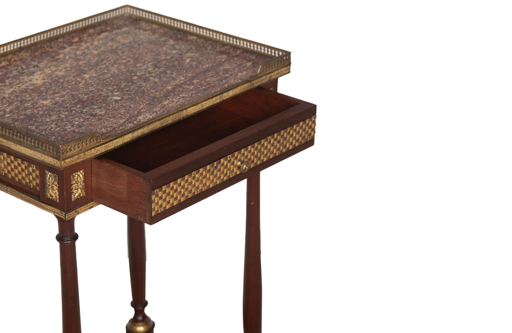 19th century Louis XVI Revival mahogany side table with Brocatelle Pyrenean marble top and pierced brass gallery in the manner of Adam Weisweiler - Antique Side Table
