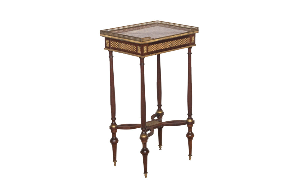 19th century Louis XVI Revival mahogany side table with Brocatelle Pyrenean marble top and pierced brass gallery in the manner of Adam Weisweiler