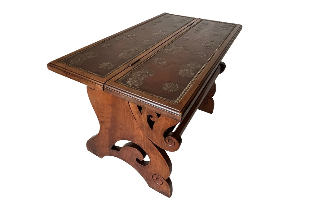 Antique walnut metamorphic library steps with embossed leather top and carved and shaped sides - Antique French Furniture