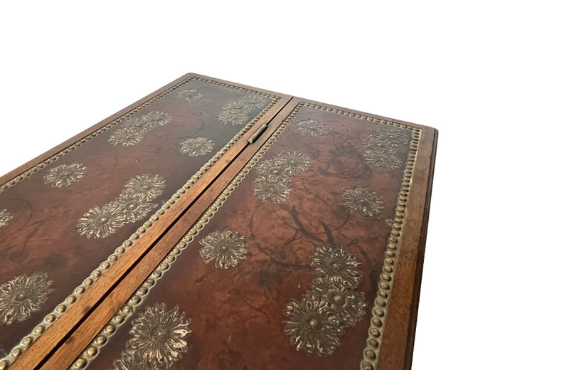 Antique walnut metamorphic library steps with embossed leather top and carved and shaped sides - Antique French Furniture