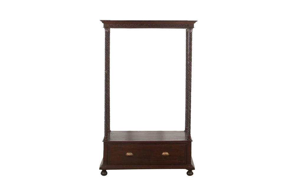 Antique oak hallstand with hanging rail, lower shelf and drawer with two handles