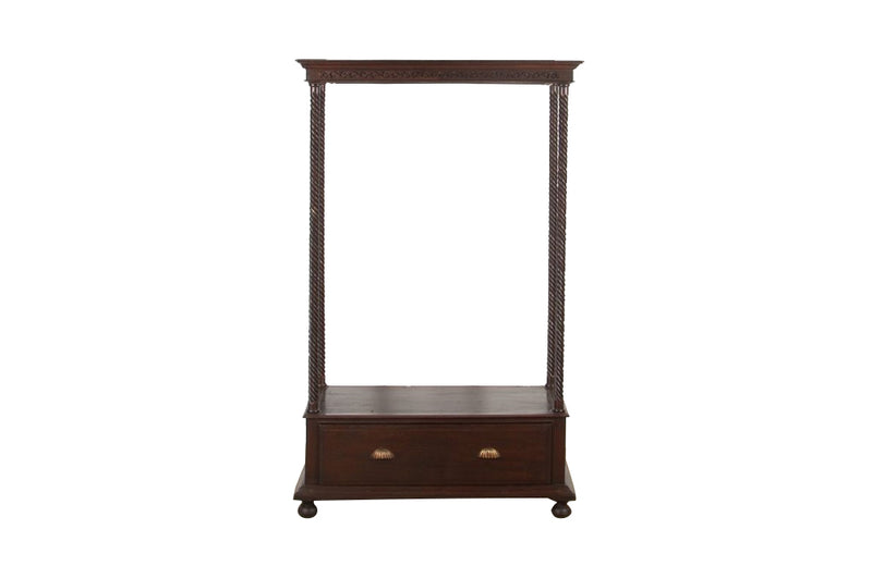 Antique oak hallstand with hanging rail, lower shelf and drawer with two handles