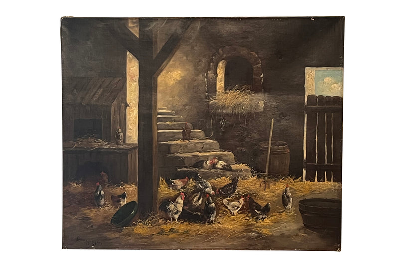 Unframed, 19th century oil painting of chickens in a farmyard barn signed by the artist, Bourguignan.