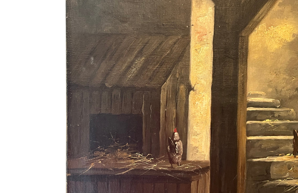 Unframed, 19th century oil painting of chickens in a farmyard barn signed by the artist, Bourguignan.