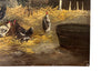 Unframed, 19th century oil painting of chickens in a farmyard barn signed by the artist, Bourguignan.