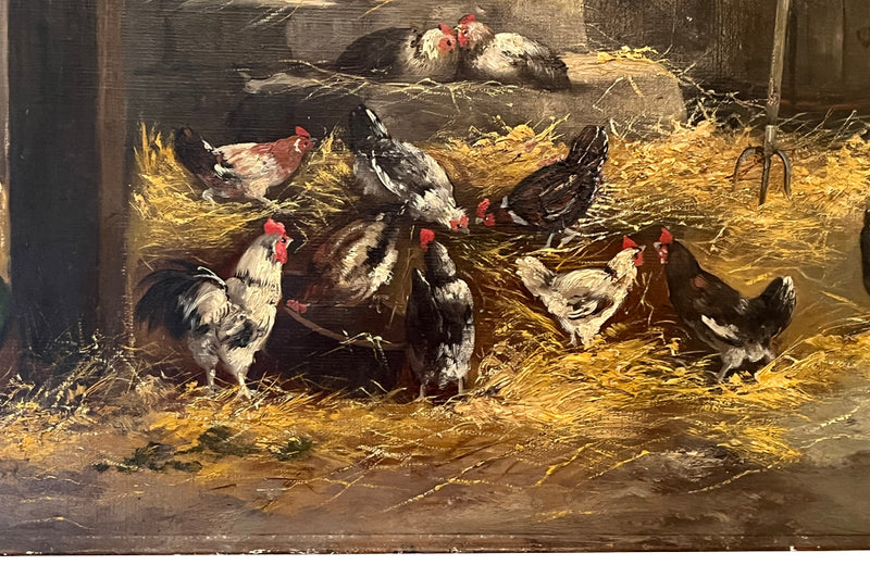 Unframed, 19th century oil painting of chickens in a farmyard barn signed by the artist, Bourguignan.