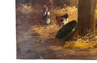 Unframed, 19th century oil painting of chickens in a farmyard barn signed by the artist, Bourguignan.