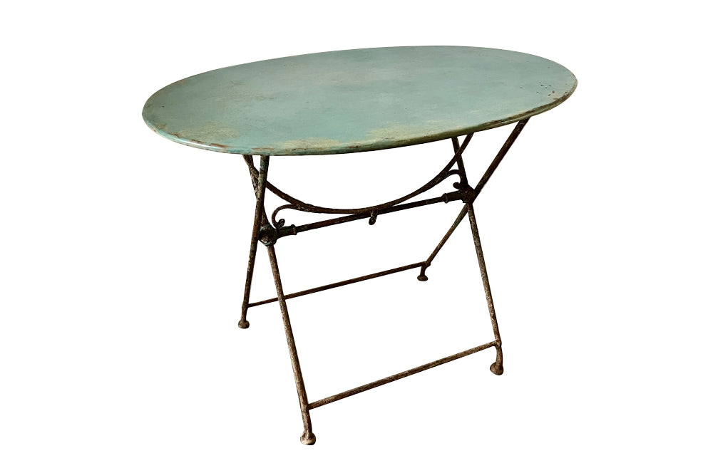 Antique garden table - 19th century French folding oval iron garden table with lovely blue colour and patination