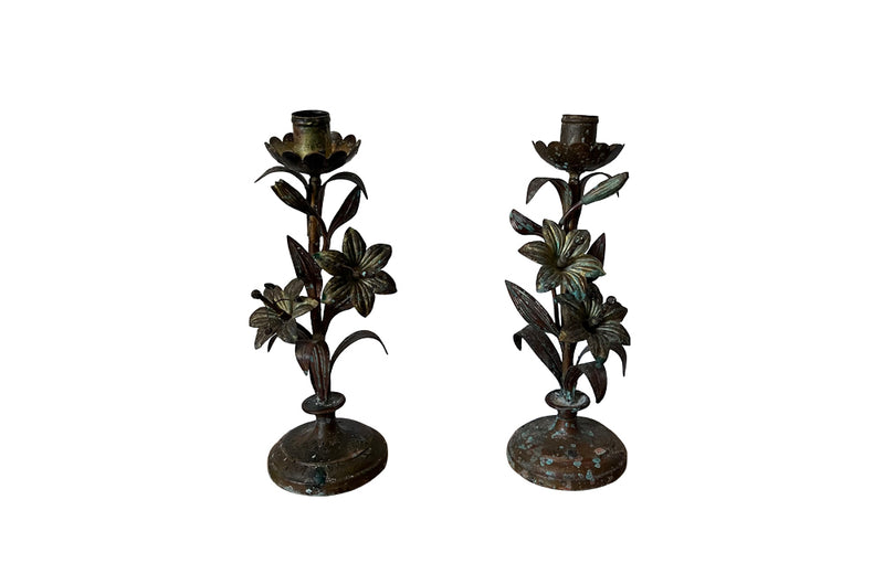 Antique brass flower candlesticks - French Antiques