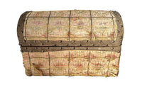 19th century domed marriage coffer covered in pretty silk fabric and studded braid.