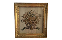 antique framed silkwork embroidery of a bouquet of pretty flowers tied with a large bow, with the inscription 'A Ma Mere' [To My Mother] - French antiques