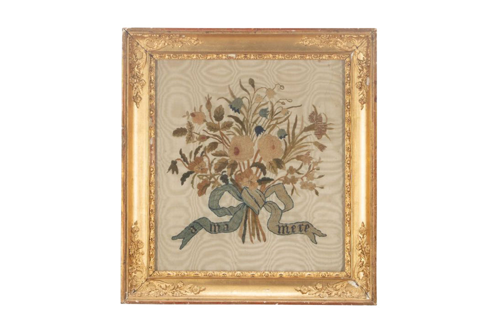 antique framed silkwork embroidery of a bouquet of pretty flowers tied with a large bow, with the inscription 'A Ma Mere' [To My Mother] - French antiques