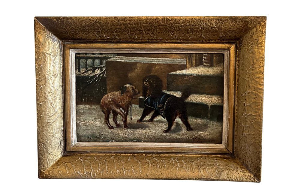 Antique Oil painting framed of two rich and poor dogs