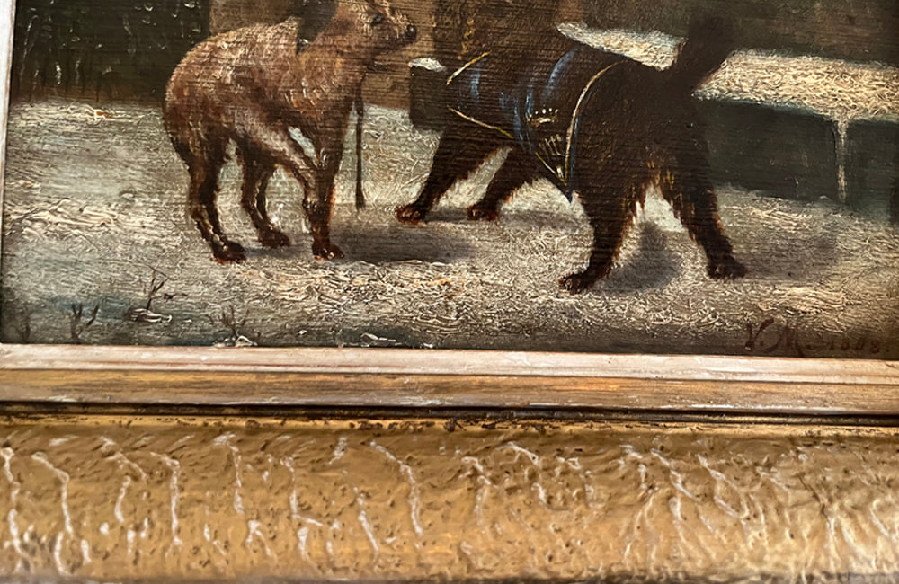 Antique Oil painting framed of two rich and poor dogs