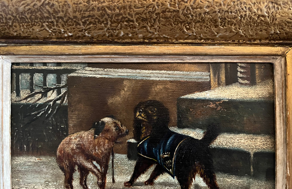 Antique Oil painting framed of two rich and poor dogs