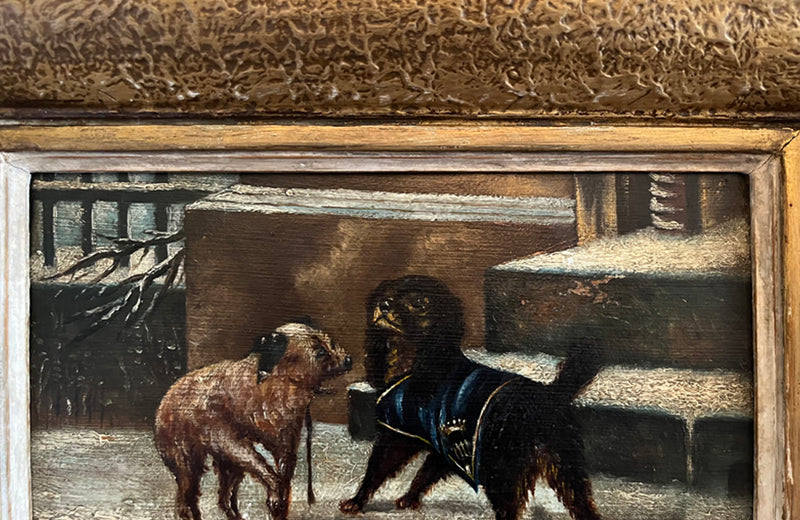 Antique Oil painting framed of two rich and poor dogs