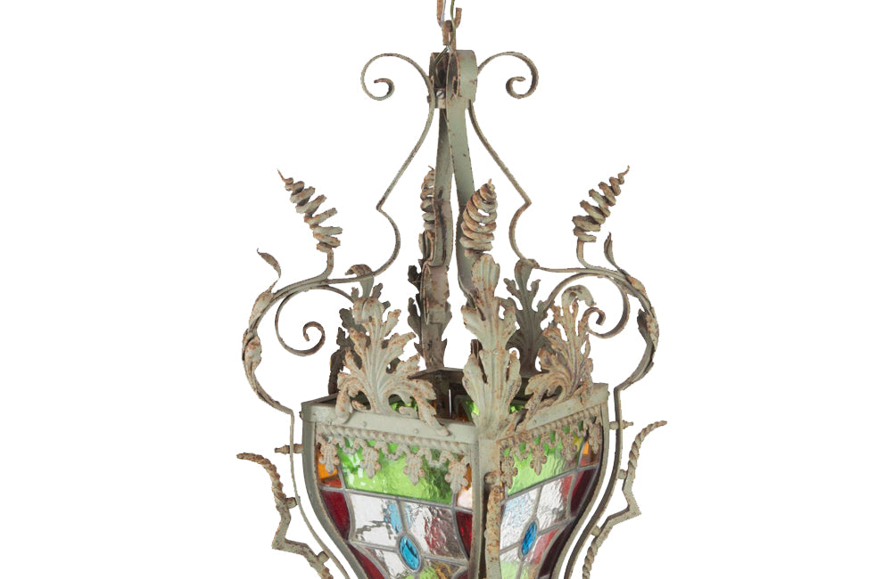 19th century iron lantern in the Neo-Gothic style with wonderful scrolled, spiral and acanthus leaf decoration and fretwork - French antique lighting