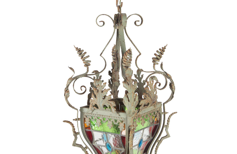 19th century iron lantern in the Neo-Gothic style with wonderful scrolled, spiral and acanthus leaf decoration and fretwork - French antique lighting